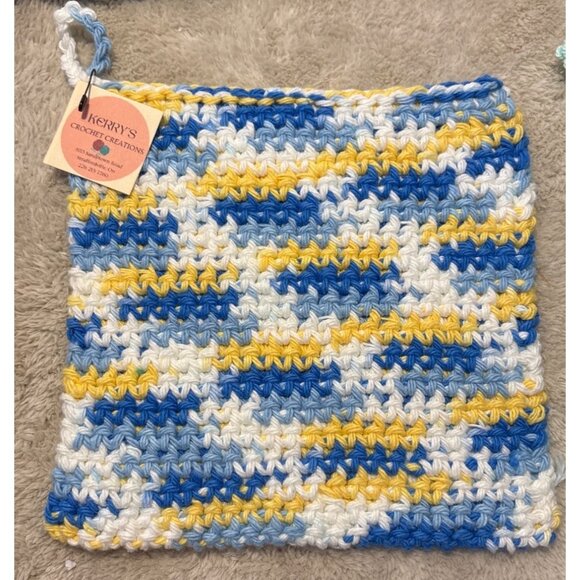 5 Handcrafted Pot Holders Cotton Double Crochet Thick Grn Blue Black 6.5" Square - Picture 7 of 9